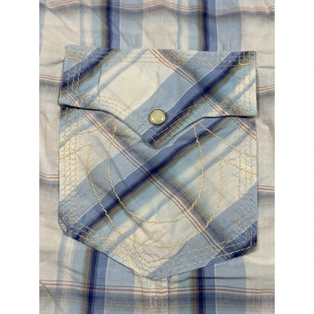 True Religion Mens Western Pearl Snap Buttons Plaid Long Sleeve Shirt Size Large